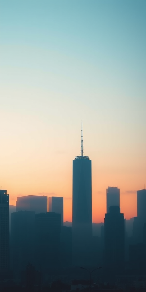 Generate a high-resolution image of a city skyline at dawn with a soft blue gradient background, using a Canon EOS R5 camera, 50mm lens, aperture f/8, shutter speed 1/125s, ISO 100, shot from a low angle to capture the silhouettes of skyscrapers in a foggy atmosphere.