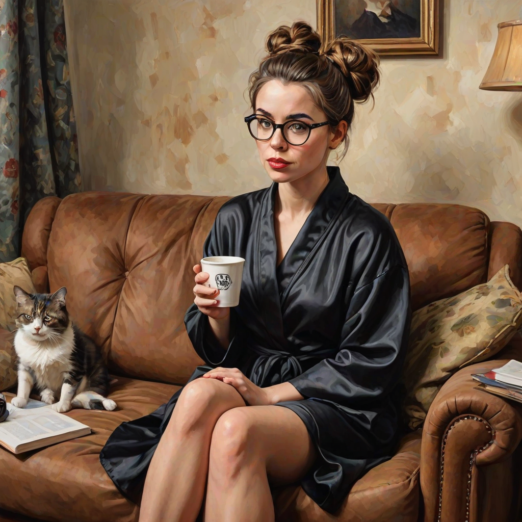 The words ‘Professional Overthinker’ (exact spelling) An exaggerated whimsical illustration of a cute silly lady with unruly messy brown bun and black glasses pouty lips and a thinking expression. Shes sitting on the couch, legs folded wearing a black silk robe, black fuzzy slippers. She’s holding her coffee cup and making a deep-in-thought face.  A quirky scruffy cat (dog) looking at her against a mottled, oil painting style soft background living room setting.
