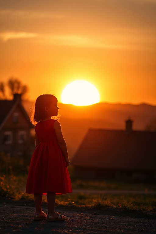 A young girl in a red dress stands silhouetted against a large sunset, with a cottage in the background and mountains in the distance, captured with a Canon EOS R5 at f/4, ISO 100, 50mm lens, in a warm color palette and dramatic lighting, taken from a low-angle perspective for depth.