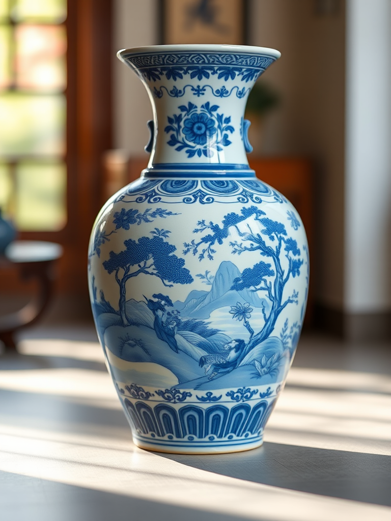 Create a high-resolution image of a traditional blue and white ceramic vase with intricate landscape and floral designs, front view, soft natural lighting, using a DSLR camera, 50mm lens, aperture f/2.8, ISO 100.