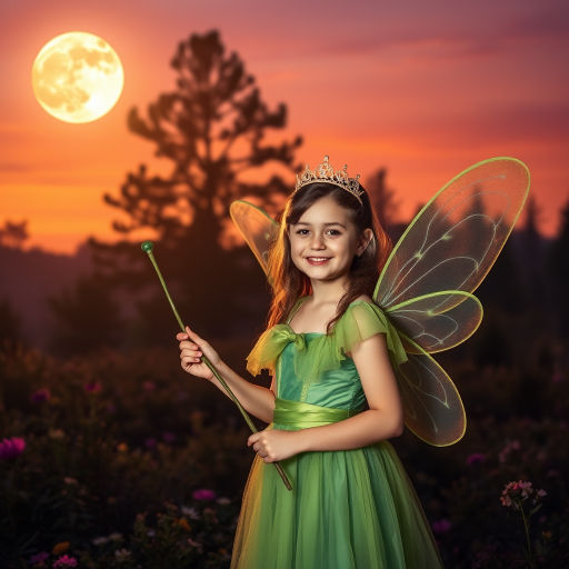 A vivid photo  taken under a bright camera flash of a fantastical scene set against a backdrop of a forest during sunset. The main subject is a girl dressed as a fairy, adorned with translucent wings and a green dress, holding a wand, her face is happy, and she wears a crown on her head. The forest behind her is a blend of flowers, shrubs and trees. The sky is painted in hues of orange and pink, with a large, glowing moon casting a warm glow over the scene. The overall color palette is dominated by earthy tones.