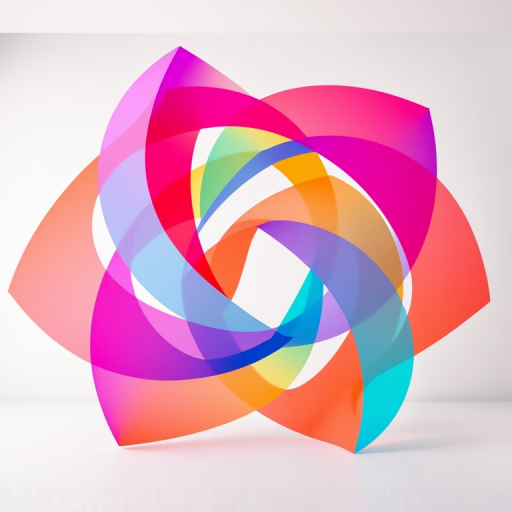Generate a high-resolution abstract design featuring intertwining geometric shapes in a vibrant color palette, captured with a Canon EOS R5 at f/2.8, ISO 100, 1/125 sec, using a wide-angle lens for an expansive view in a studio setting with soft lighting.