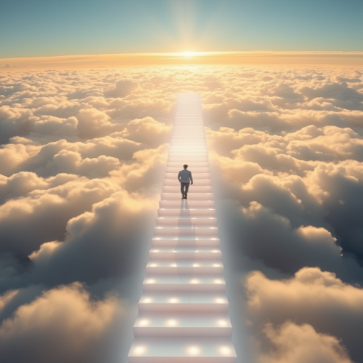 a person walking on a staircase made of light above the clouds, with a serene and ethereal atmosphere surrounding them, light breaking through the clouds from above