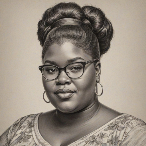 Graceful Gabourey Sidibe, pencil sketch, portrait of Attractive woman 1951s in glasses, hair style beatnik, outline, clear lines, fine lines, 8k