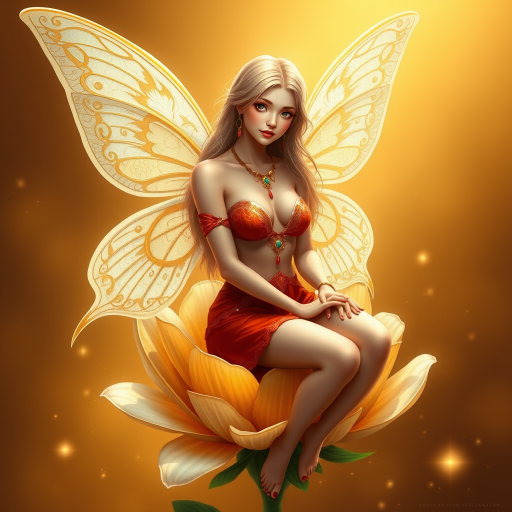 A digital artwork features a winged fairy with delicate Ivory butterfly wings, adorned with intricate Ochre and Spring patterns. She is seated on a vibrant Cream flower, wearing a revealing red two-piece outfit with sparkling beadwork. Her fair skin, long blonde hair, and gold jewelry add to her ethereal appearance. The background is a warm, golden gradient, creating a magical atmosphere. Small glowing orbs and sparkles surround the flower, enhancing the enchanting, highly detailed, and realistic scene.