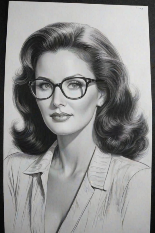 Fascinating Lynda Carter, pencil sketch, portrait of Lovely woman 1939s in glasses, hair style beatnik, outline, clear lines, fine lines, 8k