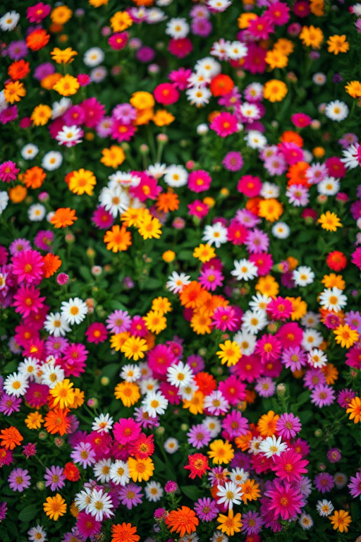 Create a vibrant, high-resolution image of a dense field of multicolored flowers with a slight bokeh effect, shot with a Canon EOS R5 at f/2.8, ISO 100, shutter speed 1/200s, capturing an overhead view with a macro lens for intricate detail.