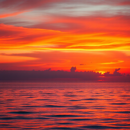 sunset over a calm ocean with vibrant red and orange hues, soft clouds reflecting the colors, high resolution, aperture f/8, ISO 100, shutter speed 1/200s, wide angle view, DSLR camera, landscape style