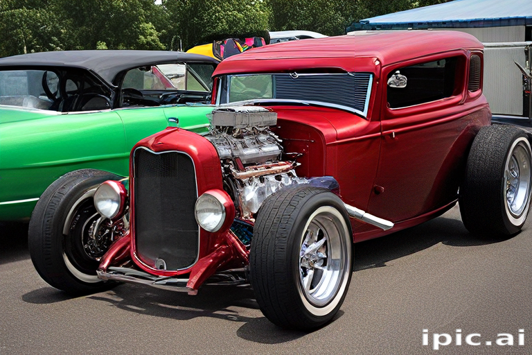 Classic Red Hot Rod with Powerful Engine Showcased at Car Event.