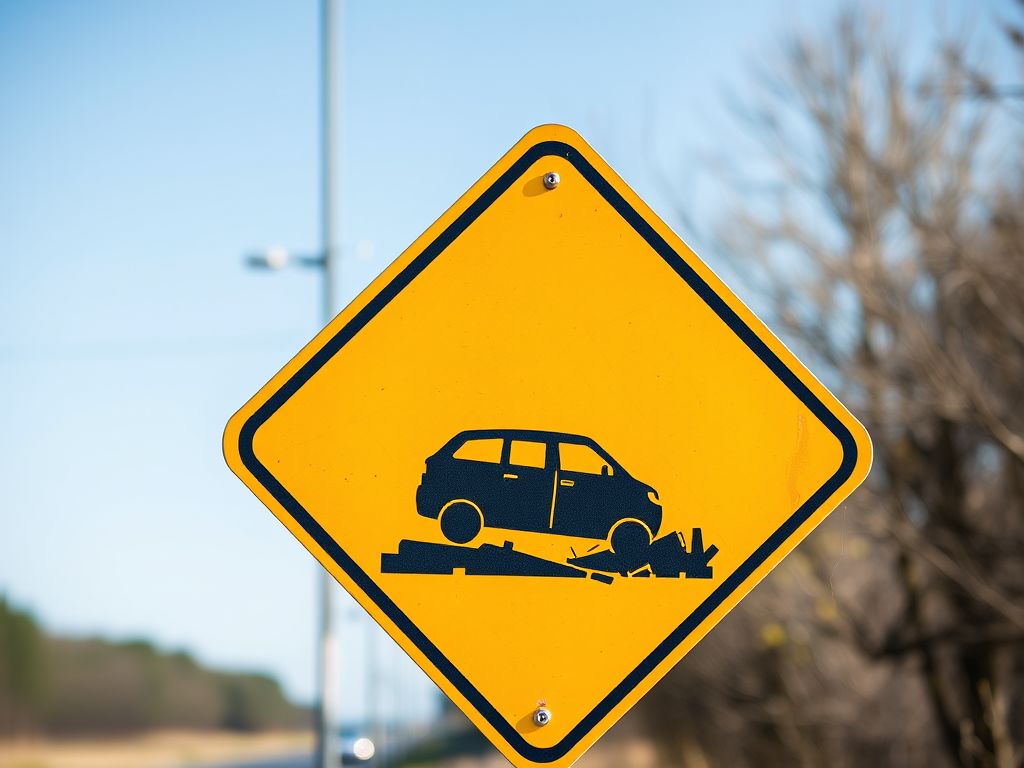 Create a high-resolution image of a caution sign depicting a car and debris with a bright yellow background, using a DSLR camera with a 50mm lens, aperture set to f/8, ISO 100, and a soft focus effect to enhance clarity and detail.