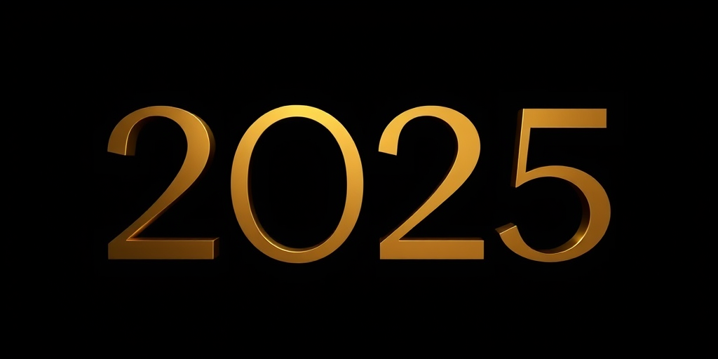 Generate a sleek, modern design featuring the year 2025 in gold lettering on a dark background, using a Canon EOS R camera with a 50mm f/1.8 lens, at ISO 100, shutter speed 1/125s, in a soft diffuse lighting setup with a slight vignette effect.