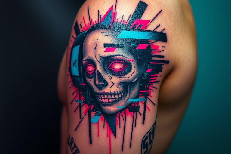 Glitch art tattoo called "Digital Disruption" incorporating pixelated elements distorted images and neon colors to create a futuristic cyberpunk-inspired design with a technological edge