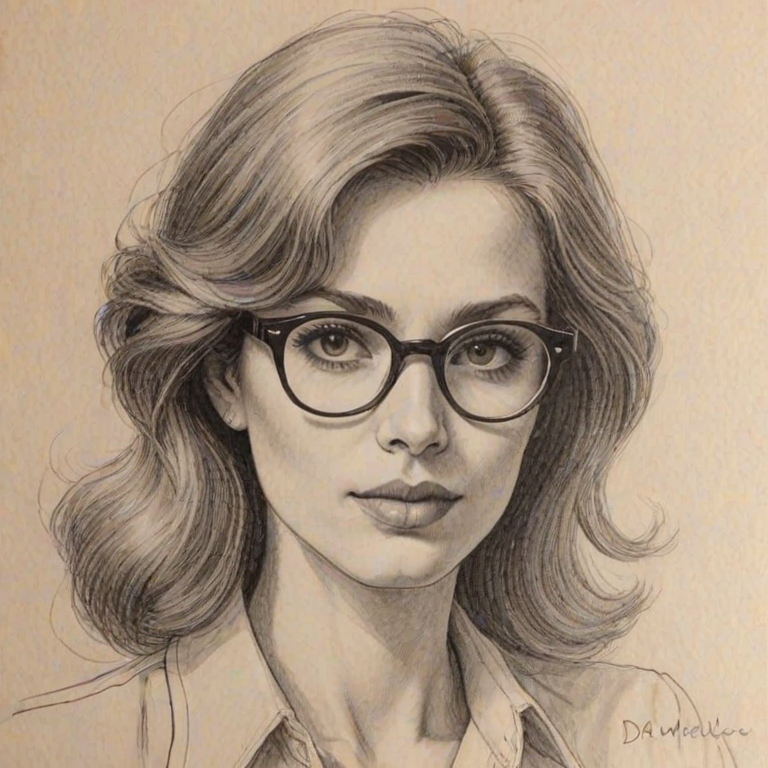 Delightful Dixie D'Amelio, pencil sketch, portrait of Bewitching woman 1980s in glasses, hair style beatnik, outline, clear lines, fine lines, 8k