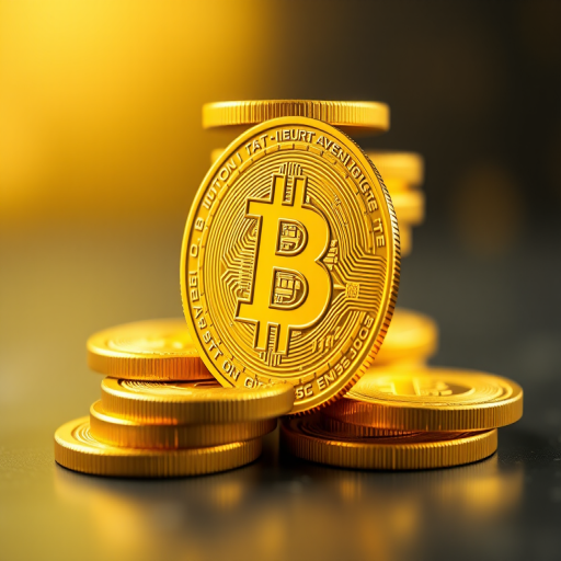 Generate a 3D rendering of stacked gold Bitcoin coins with a soft focus background, using a Canon EOS R5, aperture f/8, ISO 100, shutter speed 1/60s, shot from a low angle view with a 50mm lens for depth of field.
