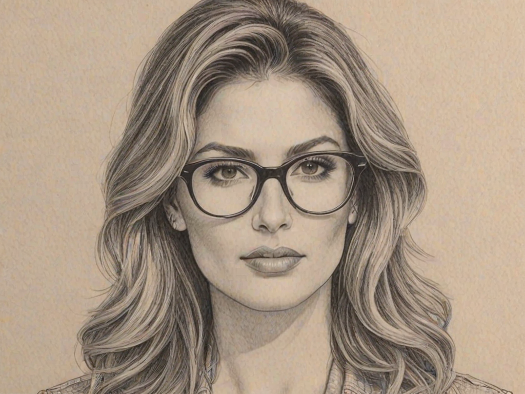Sublime Daisy Fuentes, pencil sketch, portrait of Beauteous woman 1980s in glasses, hair style beatnik, outline, clear lines, fine lines, 8k