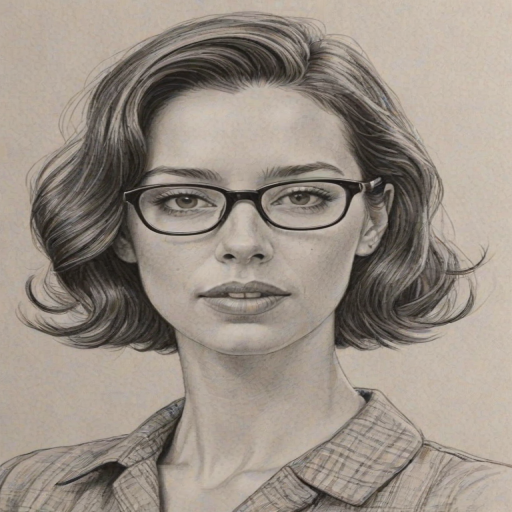 Fetching Rebecca Hall, pencil sketch, portrait of Sublime woman 1956s in glasses, hair style beatnik, outline, clear lines, fine lines, 8k