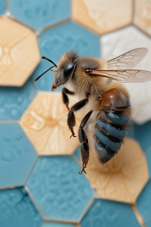 Blue Color Bee beautiful blue honey bee with geometrical honeycomb in background , use ...