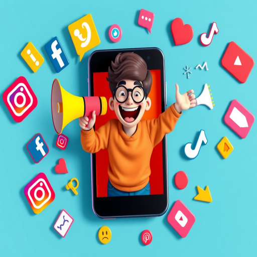 Create an illustration of a cheerful person emerging from a large smartphone, holding a megaphone and surrounded by various social media icons like Facebook, Instagram, TikTok, and YouTube, in a bright and colorful style, shot with a Canon EOS R5 at f/2.8, ISO 100, 24mm lens, top-down perspective, vibrant colors and soft shadows for enhanced depth.