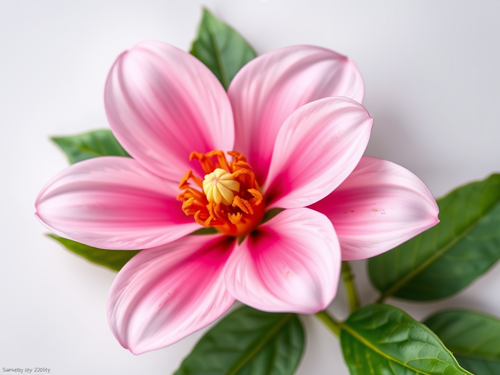 Create a high-resolution illustration of a stylized flower with soft pink petals and a bold orange center, accompanied by green leaves, captured with a DSLR camera at f/4, ISO 100, 50mm lens, top-down view, using a flat lay photography style for enhanced clarity and colors.