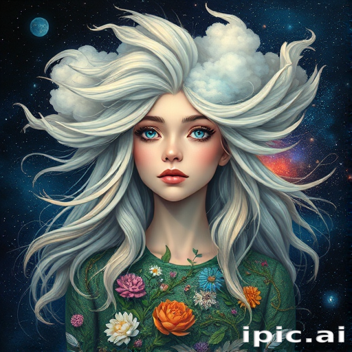 Create a series of imaginative portraits where each subject is infused with elements of fantasy and nature. The hair of the individuals should flow like clouds, varying from soft, fluffy cumulus to wispy cirrus strands, with hints of color reflecting a sunset or a clear blue sky. The eyes should be windows to entire galaxies, with stars, nebulae, and distant planets visible within them. Clothing should be adorned with nature motifs, such as floral patterns that bloom and change, vines that seem to grow and wrap around, or feathers that shimmer with iridescence. Each portrait should capture a unique personality, blending human features with the ethereal beauty of the natural and cosmic world. The backgrounds can vary, from starry night skies to enchanted forests, adding depth and context to the magical realism of the portraits