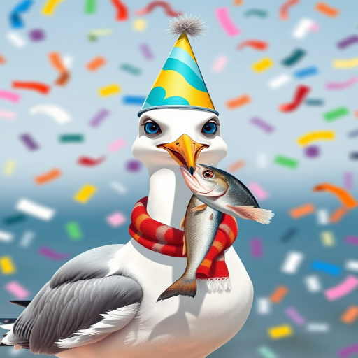 Create a cartoon-style image of a seagull wearing a party hat and a scarf, holding a fish in its beak, with colorful confetti in the background, captured with a Canon EOS 5D Mark IV, focal length 50mm, aperture f/2.8, ISO 100, in bright natural lighting.