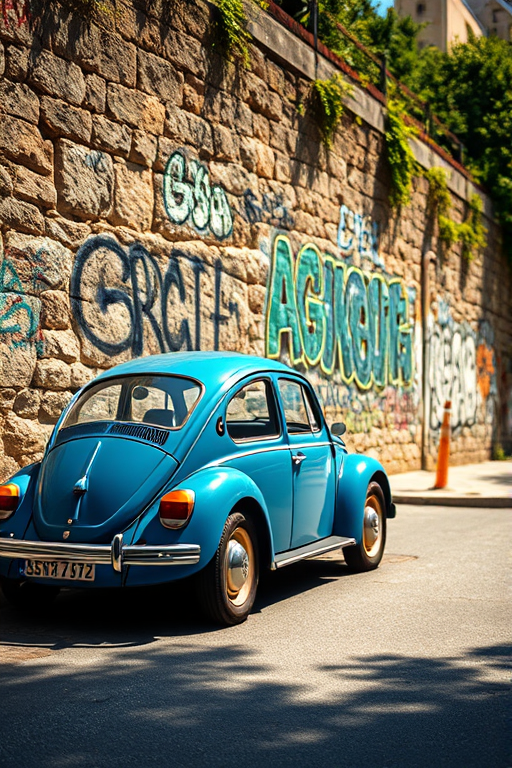 Capture a vintage blue Volkswagen Beetle parked beside a graffiti-covered stone wall on a sunny day, with a shallow depth of field, 50mm lens, f/1.8 aperture, ISO 200, natural lighting, and a slight fade for a nostalgic feel.