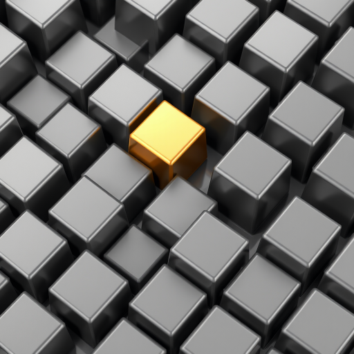 regenerate an abstract 3D rendering of a grid of metallic cubes with one golden cube among the gray ones, use a Canon EOS R5 camera with a 24mm lens, f/8 aperture, ISO 100, and a 1/125s shutter speed, in a top-down view to create a sharp focus on the cubes and enhance image quality