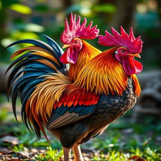 Create a vibrant, detailed illustration of a rooster with a long, flowing mane, featuring a lively pose in a natural setting, shot with a high-resolution digital camera, focal length of 50mm, aperture set to f/4 for a shallow depth of field, and soft natural lighting for enhanced texture and color.