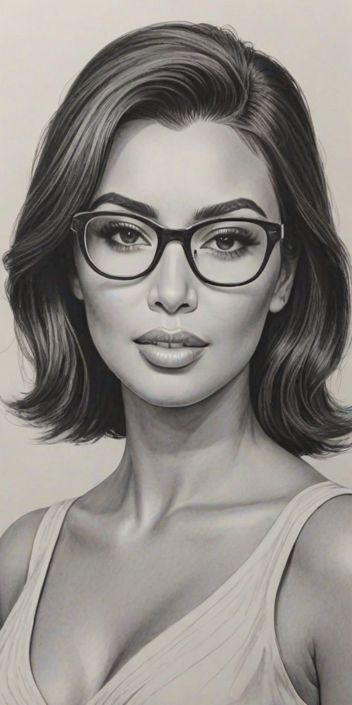 Dazzling Kim Kardashian, pencil sketch, portrait of Ravishing woman 1950s in glasses, hair style beatnik, outline, clear lines, fine lines, 8k