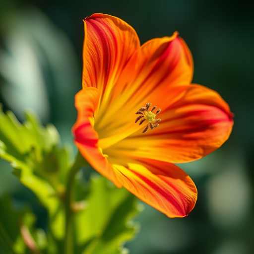 Create a highly detailed, close-up illustration of a flower with vibrant colors, captured with a Canon EOS R5, 50mm lens at f/2.8, ISO 100, 1/200s, natural lighting, and a soft focus background for depth.