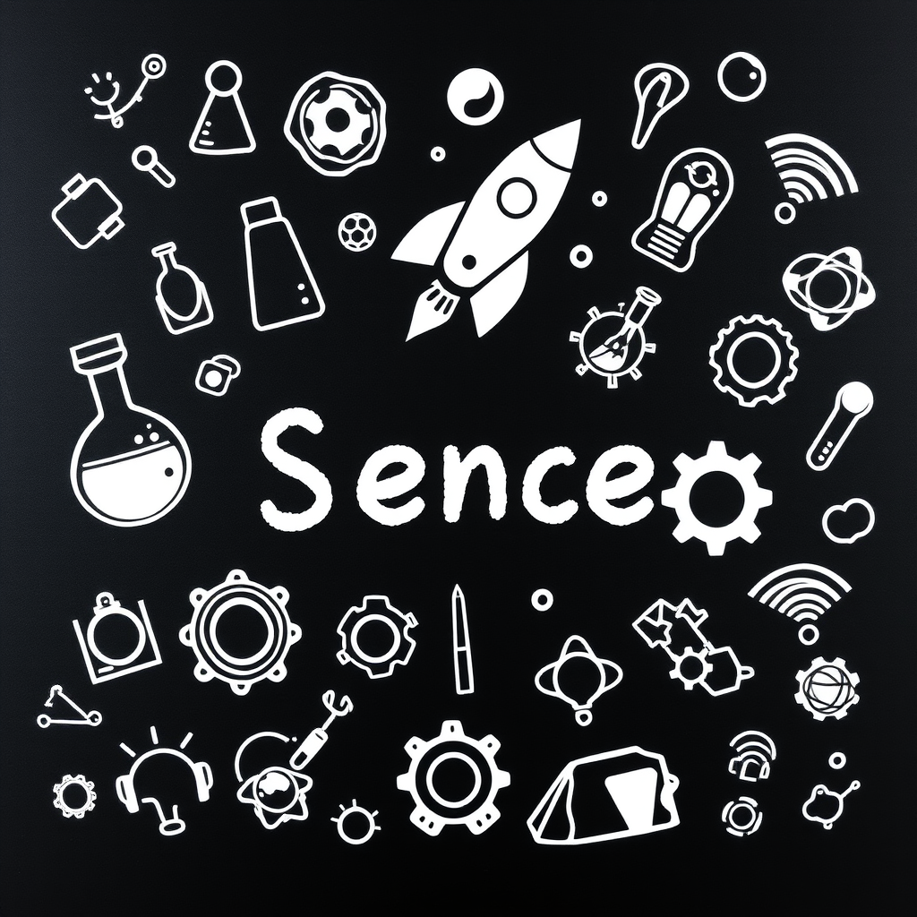 Create an illustration of doodles on a black background featuring science and technology symbols like a beaker, rocket, lightbulb, gears, and Wi-Fi icons, using a high-resolution camera setup at f/8 aperture, ISO 200, 24mm focal length, top-down angle, and natural lighting for enhanced clarity and detail.