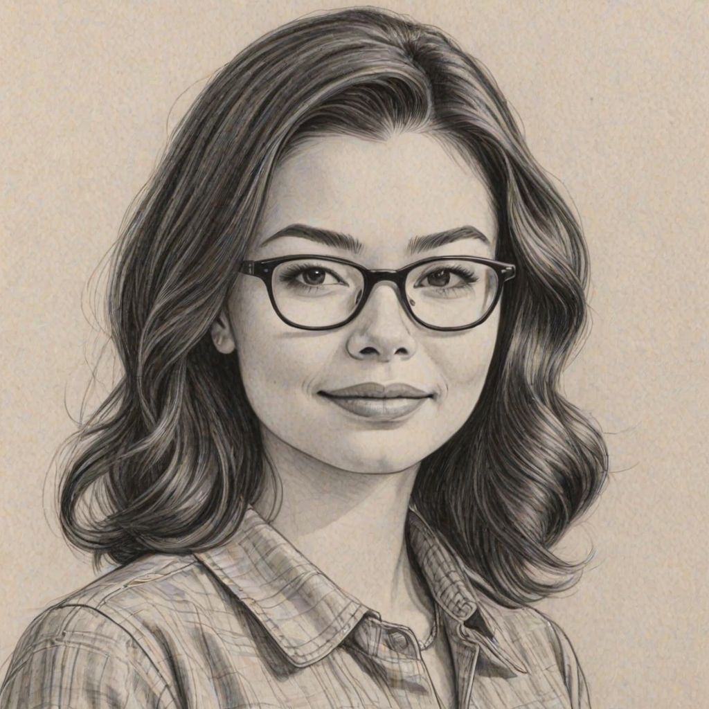 Wonderful Miranda Cosgrove, pencil sketch, portrait of Delightful woman 1955s in glasses, hair style beatnik, outline, clear lines, fine lines, 8k