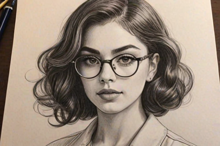 Gorgeous Charlie XCX, pencil sketch, portrait of Wonderful woman 1932s in glasses, hair style beatnik, outline, clear lines, fine lines, 8k