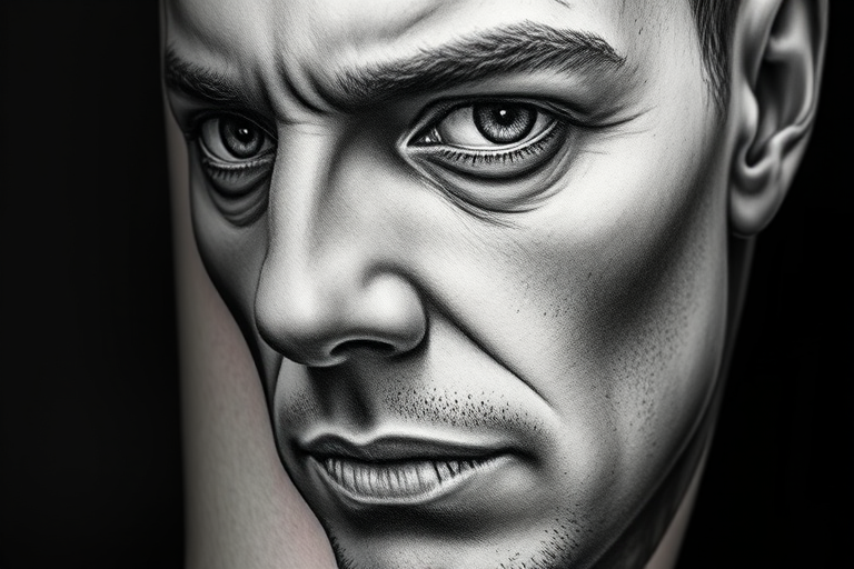 Realistic grayscale portrait tattoo showcasing hyper-detailed facial features, utilizing various shading techniques to create depth and dimension, capturing the subject's essence with lifelike precision