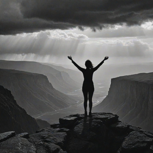 High-contrast black-and-white image of a silhouette of a woman standing at the edge of a cliff, arms outstretched, with distant storm clouds rolling in and jagged mountains barely visible in the background.