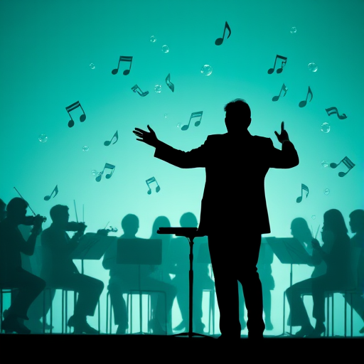 A silhouette of a conductor leading an orchestra with floating musical notes and bubbles on a soft teal background, captured with a Canon EOS R5, 50mm lens, f/1.8 aperture, ISO 100, in a high dynamic range style, top-down view.