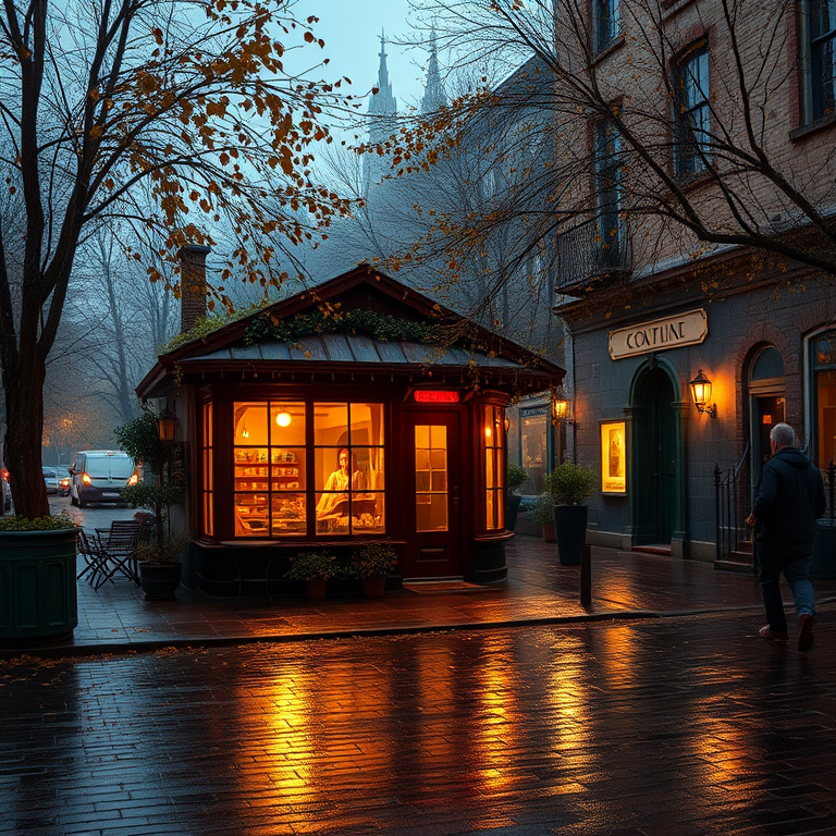 A cozy street scene in the evening with a quaint cafe featuring large windows glowing with warm lights surrounded by autumn leaves and brick pavement reflecting a gentle rain with a hint of fog in the air.