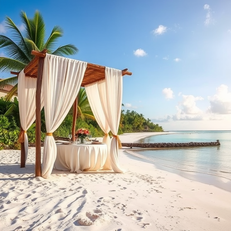 Create a picturesque tropical beach scene featuring a serene, white sandy shore. In the foreground, there's a rustic wooden canopy with white drapes gently flowing in the breeze. Underneath the canopy, a table is set with tropical decor, evoking a sense of relaxation and leisure. The beach extends into a calm, shallow water area with reflections of the sky and surroundings. Palm trees and lush greenery line the edge of the beach, providing a natural, tropical backdrop. The sky is clear with a few scattered clouds, and the overall atmosphere is tranquil and inviting, perfect for a peaceful retreat.