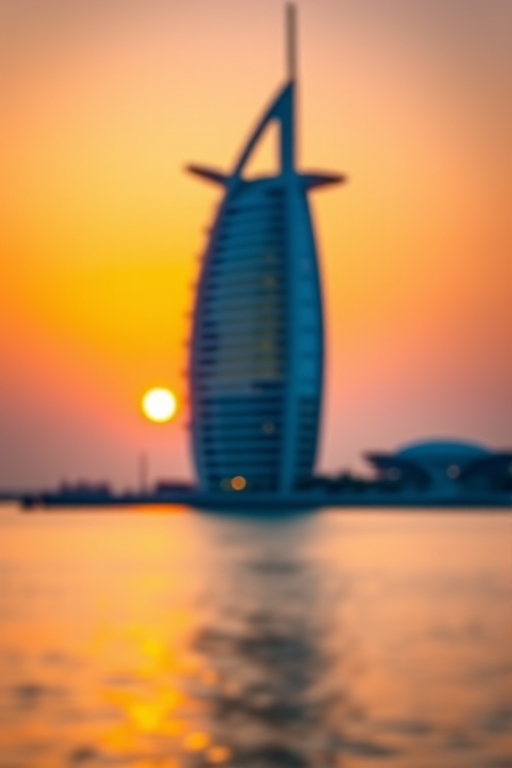Create a vibrant sunset image of the Burj Al Arab in Dubai, with a blurred background and lens flares, using a DSLR camera with a 50mm lens, aperture f/1.8, ISO 100, 1/500 sec shutter speed, focused on the building while maintaining a warm color palette.