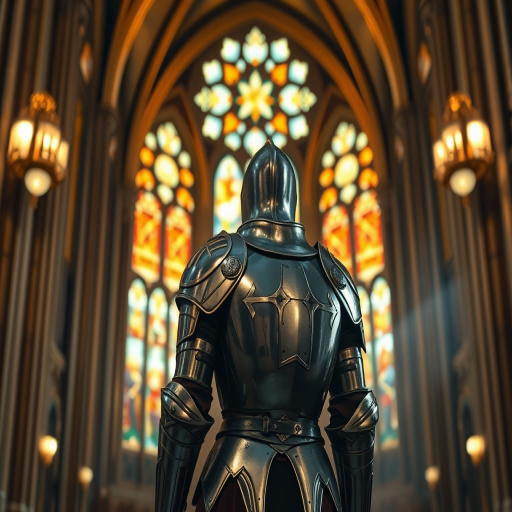 A lone knight in shiny armor standing in a grand, illuminated cathedral with elaborate stained glass, soft bokeh background, shot with a Canon EOS R5, 24-70mm lens, aperture f/2.8, ISO 100, 1/125s, backlit to enhance the ethereal glow and details of the armor.