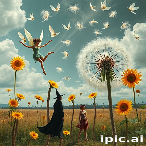 A surreal allegory featuring ethereal fairies, towering sunflowers, and an enigmatic witch, all set within a dreamlike landscape. The scene is dominated by a colossal dandelion, its delicate seeds floating through the air, reminiscent of Yves Tanguy's abstract forms. The environment is a blend of otherworldly elements and natural beauty, with twisted, elongated shapes and surreal colors that evoke a sense of mystery and enchantment.