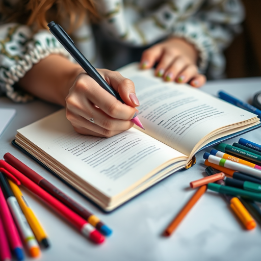 Close-up of a woman’s hands journaling in a beautiful notebook, surrounded by colorful pens and markers, with soft light illuminating her creative thoughts.