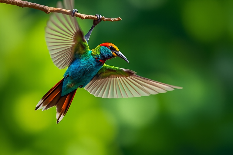 A colorful bird in mid-flight, hanging upside down from a branch, vivid green blurred background, taken with a DSLR camera, 85mm lens, f/2.8 aperture, ISO 100, 1/500s shutter speed, using a shallow depth of field for sharp focus on the bird.