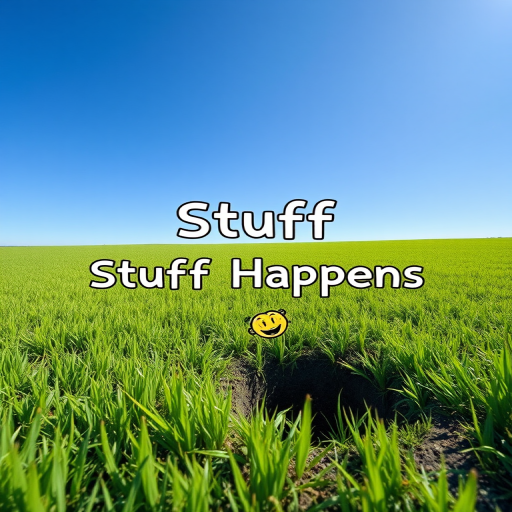 Create an image of a vibrant green field under a clear blue sky with a humorous text overlay saying "Stuff Happens" in playful font, featuring a cartoon-style character emerging comically from a hole in the ground, captured using a DSLR camera with a 24mm lens at f/8, ISO 200, and a wide-angle perspective for enhanced depth.