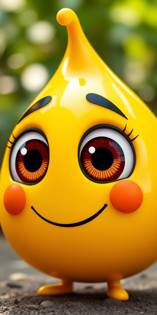 Generate a vibrant, high-resolution image of a cheerful yellow droplet character with large brown eyes, a happy smile, and raised eyebrows, using a DSLR camera with a 50mm lens, aperture f/1.8, ISO 100, at an angle of 45 degrees, with soft natural lighting to enhance the colors and details.