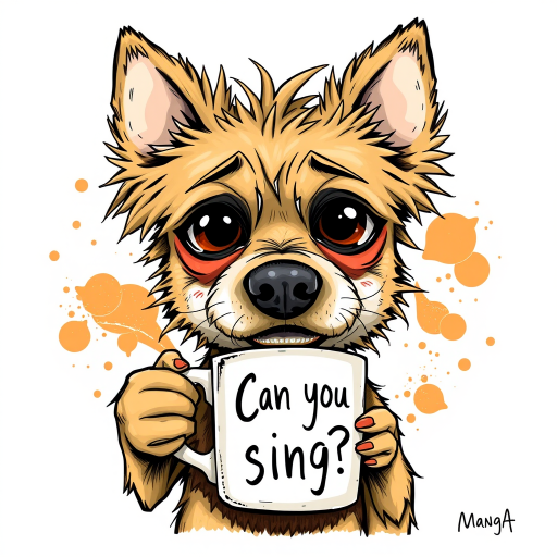 A quirky, artistic illustration of a disheveled chi chi dog breed with exaggerated, large eyes and spiky fur, holding a coffee mug that reads "Can you sing?". The dog has a tired but humorous expression, with Mango ink splatters