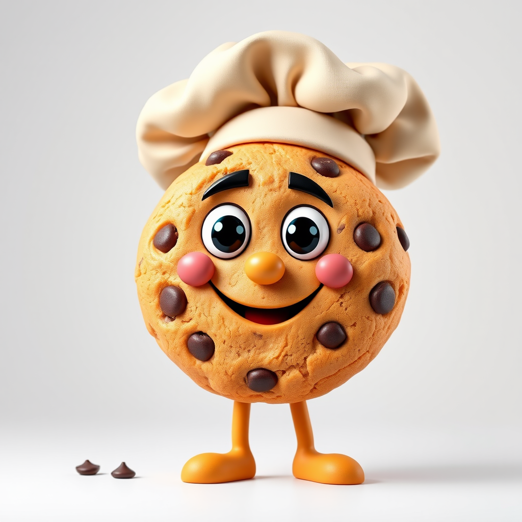 Create a vibrant cartoon character of a smiling chocolate chip cookie with a chef's hat, studio lighting, f/2.8 aperture, ISO 100, shot with a DSLR camera from a frontal view, ensuring bright colors and clear details.