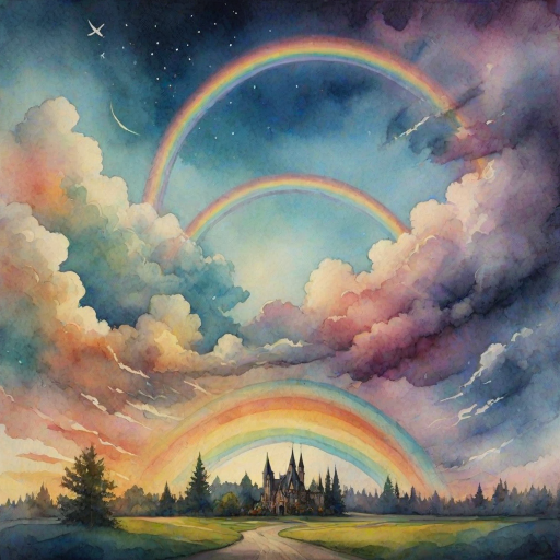 A whimsical and surreal sky with a vibrant rainbow, featuring dramatic lighting effects and a textured watercolor background, with a touch of gothic aesthetic.