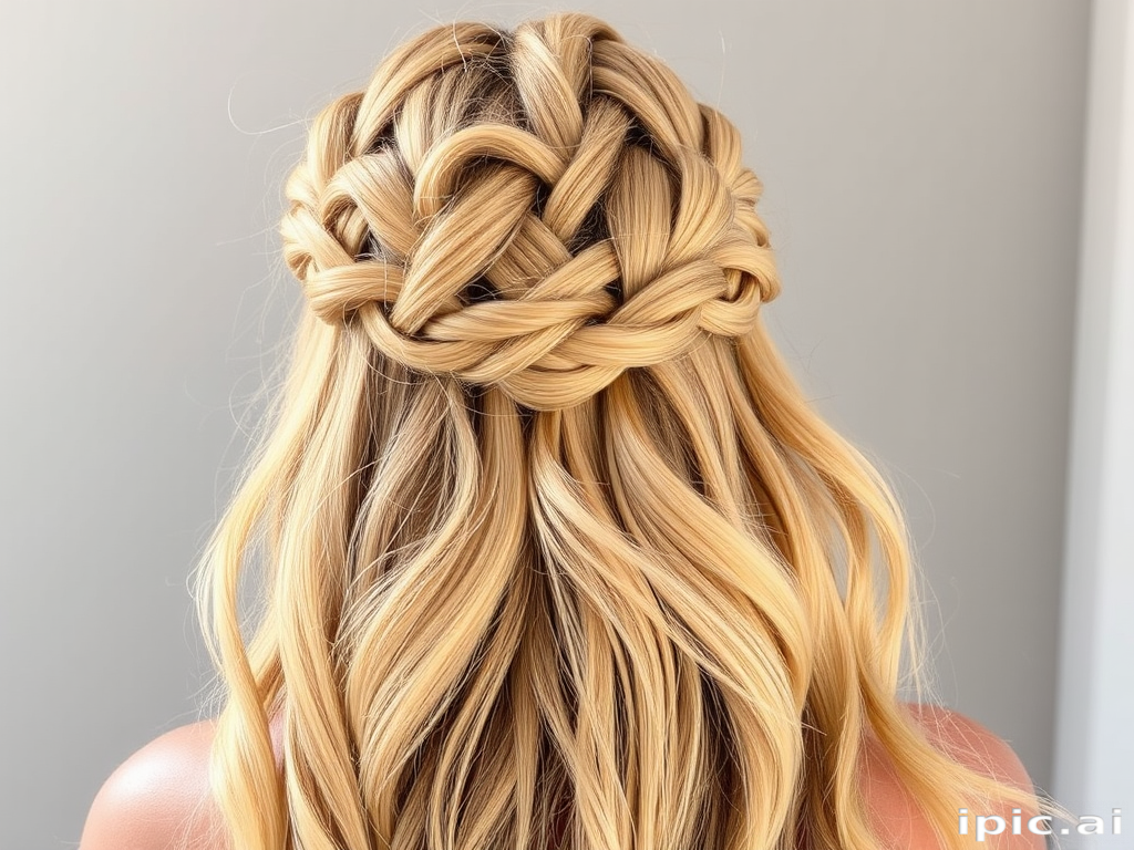 Golden blonde crown braid transitioning into loose, sun-kissed waves cascading down the back, embodying the essence of a summer goddess called Solaris Mane