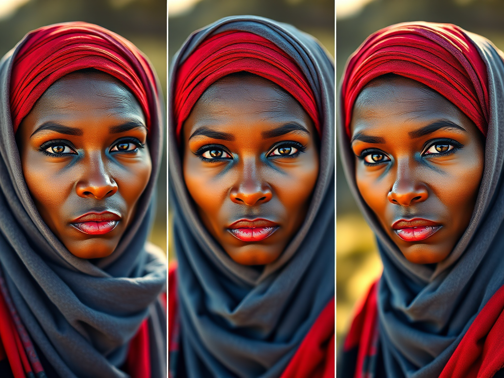 Create a triptych portrait of a woman with a dramatic expression, wearing vibrant headscarves in red and gray, captured in natural light, with a soft focus background, using a Canon EOS R5, 50mm f/1.2 lens, aperture set to f/2.8, ISO 100, with a high dynamic range for enhanced detail and color saturation.